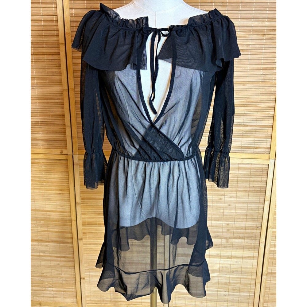 Missguided Black Sheer Mesh Off Shoulder Nightgown M Ruffle Whimsy Goth